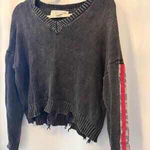Distressed Charcoal Knit Sweater with Red and Camo Striped Sleeves